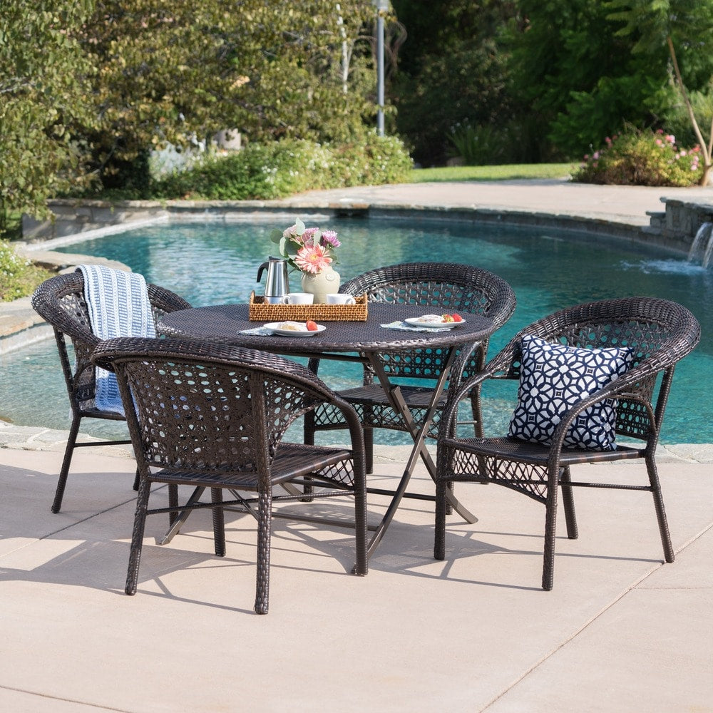 Maxine Outdoor 5-Piece Round Foldable Wicker Dining Set with Umbrella Hole by Christopher Knight Home