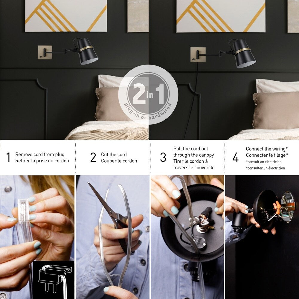 Porch & Den Bingo Matte Black 1-light Plug-in/Hardwire Swing Arm Wall Sconce