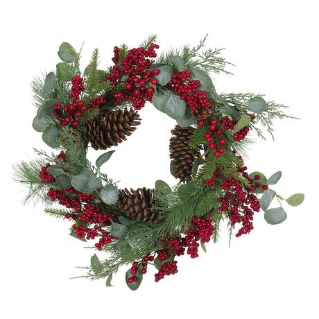 McKone 22" Eucalyptus Artificial Wreath with Berries and Pinecones by Christopher Knight Home - Red + Green