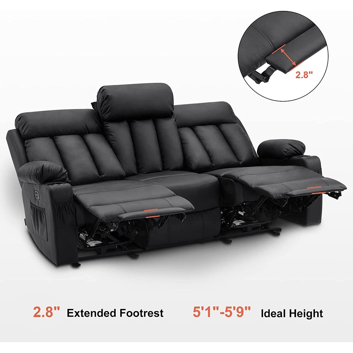 MCombo Electric Power Reclining Sofa with Heat & Massage, Faux Leather 6095/6075/6077