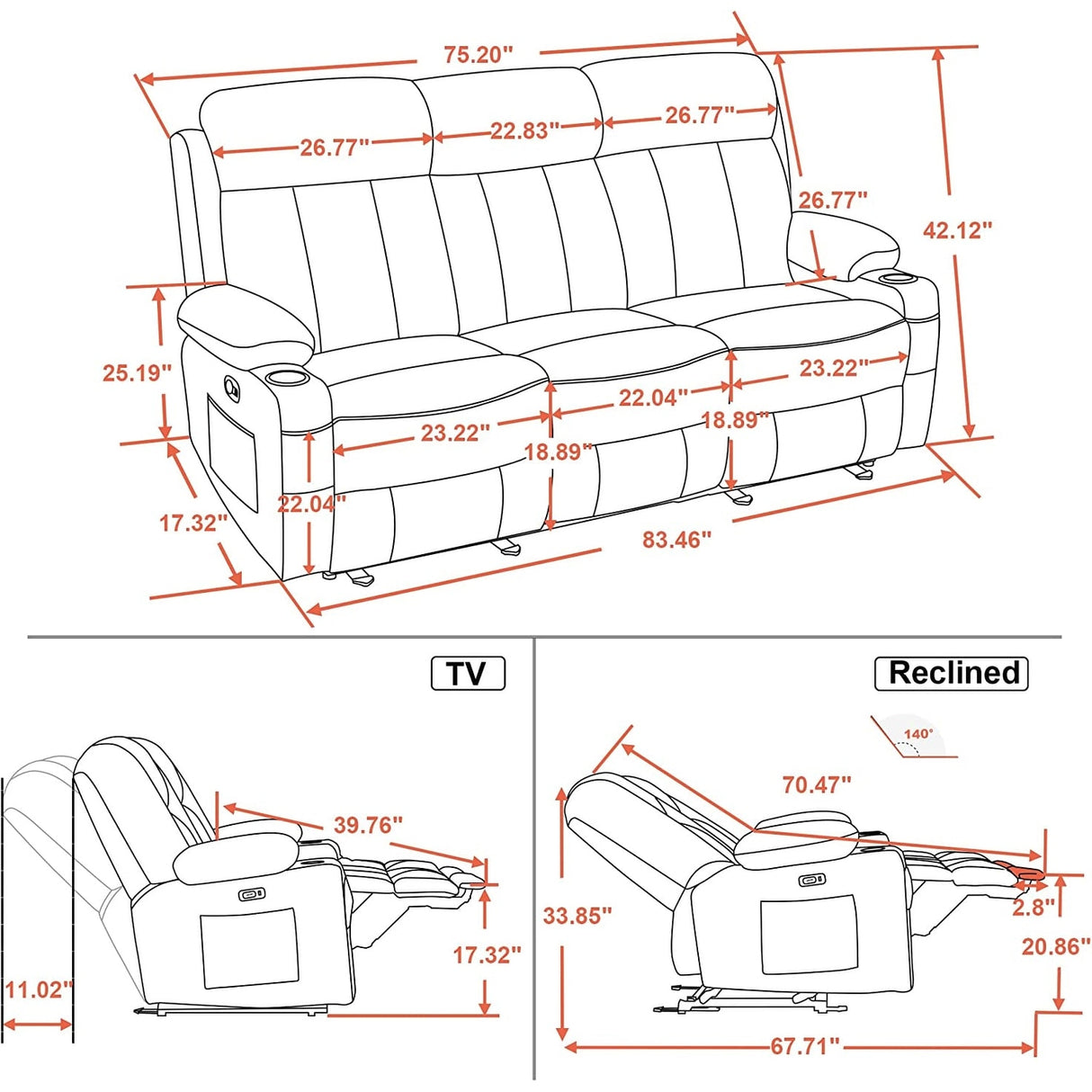 MCombo Electric Power Reclining Sofa with Heat & Massage, Faux Leather 6095/6075/6077