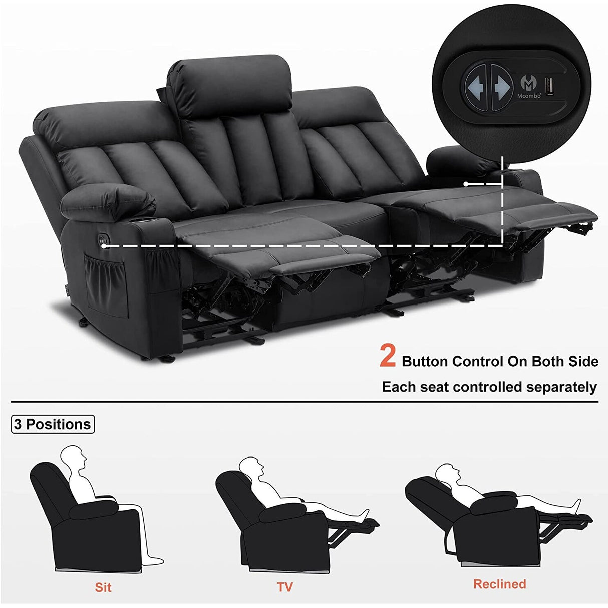 MCombo Electric Power Reclining Sofa with Heat & Massage, Faux Leather 6095/6075/6077