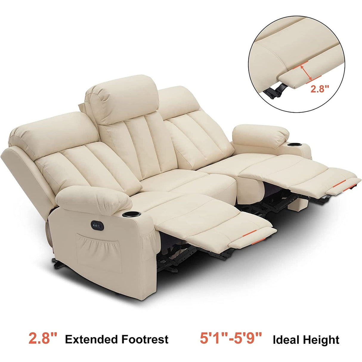 MCombo Electric Power Reclining Sofa with Heat & Massage, Faux Leather 6095/6075/6077
