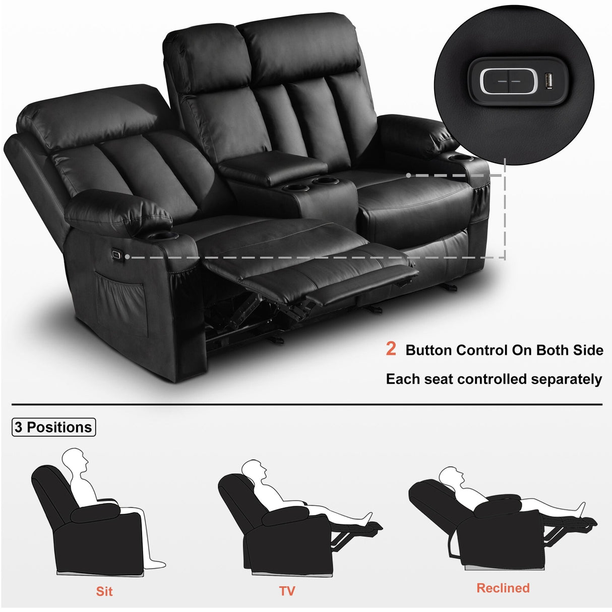 MCombo Electric Power Reclining Sofa with Heat & Massage, Faux Leather 6095/6075/6077