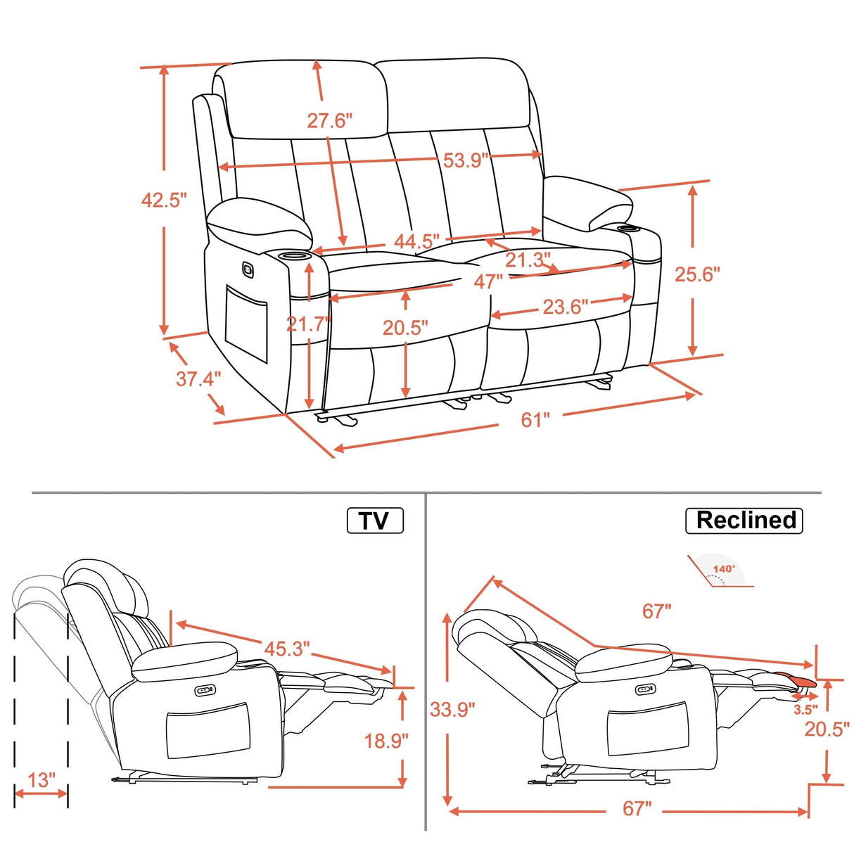 MCombo Electric Power Reclining Sofa with Heat & Massage, Faux Leather 6095/6075/6077