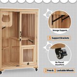 Mcombo Luxury Cat House with Scratching Post, Wooden Large Cat Villa with Wheels, Multi-Feature Cat Condo with Escape Door CT83