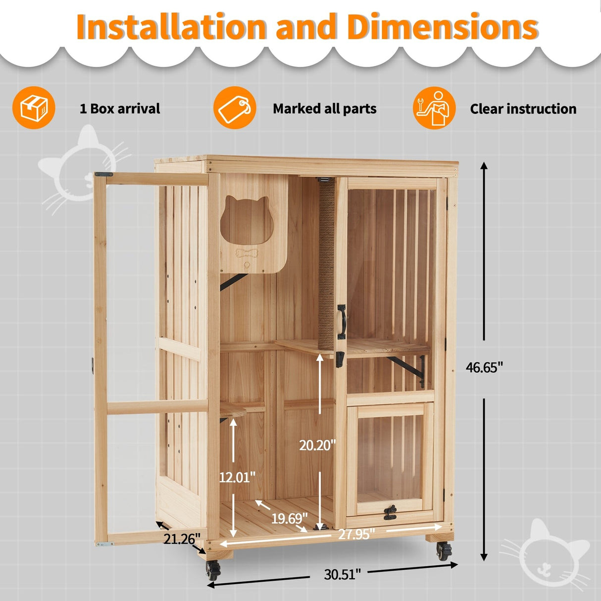 Mcombo Luxury Cat House with Scratching Post, Wooden Large Cat Villa with Wheels, Multi-Feature Cat Condo with Escape Door CT83