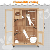 Mcombo Luxury Cat House with Scratching Post, Wooden Large Cat Villa with Wheels, Multi-Feature Cat Condo with Escape Door CT83