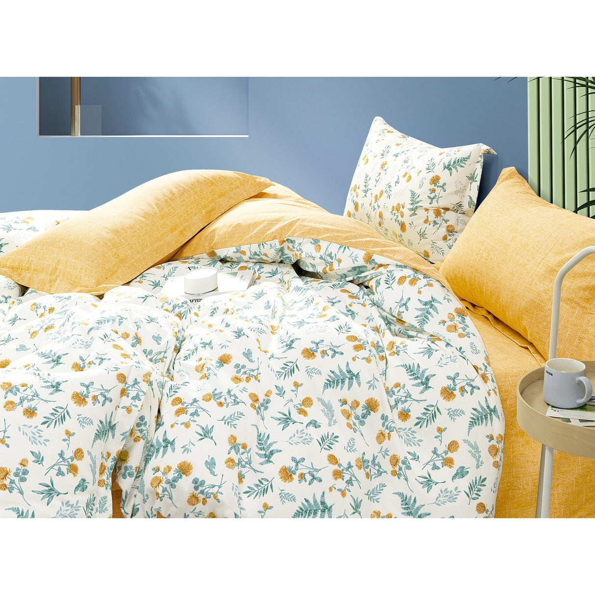 Mea Daisy Blue Yellow 100% Cotton Reversible Comforter Set
