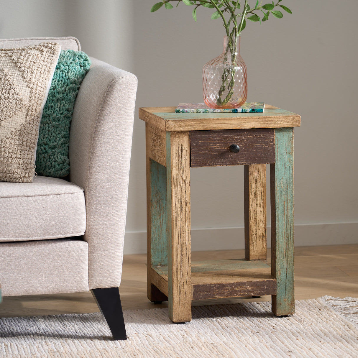 Meader Mango Wood Handmade Distressed Large Side Table by Christopher Knight Home