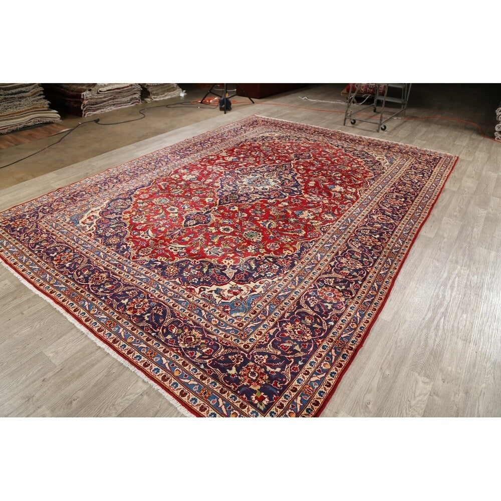 Medallion Hand Knotted Wool Vintage Kashan Persian Area Rug - 13'0" x 9'4"