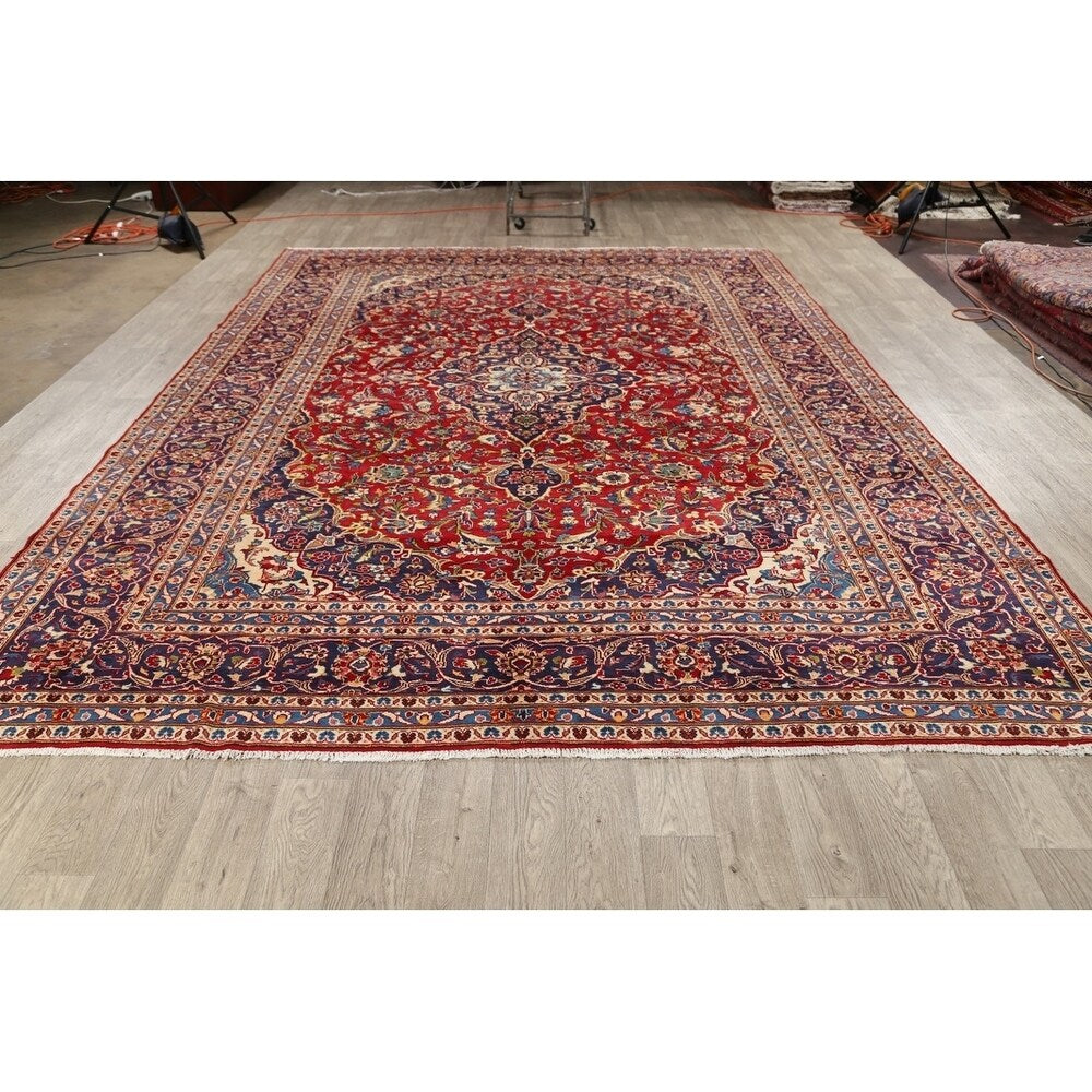 Medallion Hand Knotted Wool Vintage Kashan Persian Area Rug - 13'0" x 9'4"
