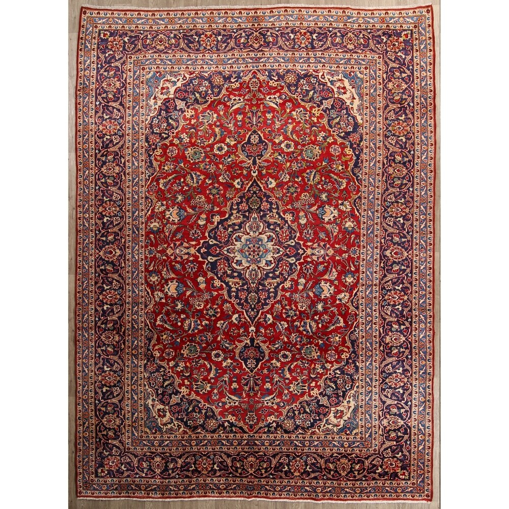 Medallion Hand Knotted Wool Vintage Kashan Persian Area Rug - 13'0" x 9'4"
