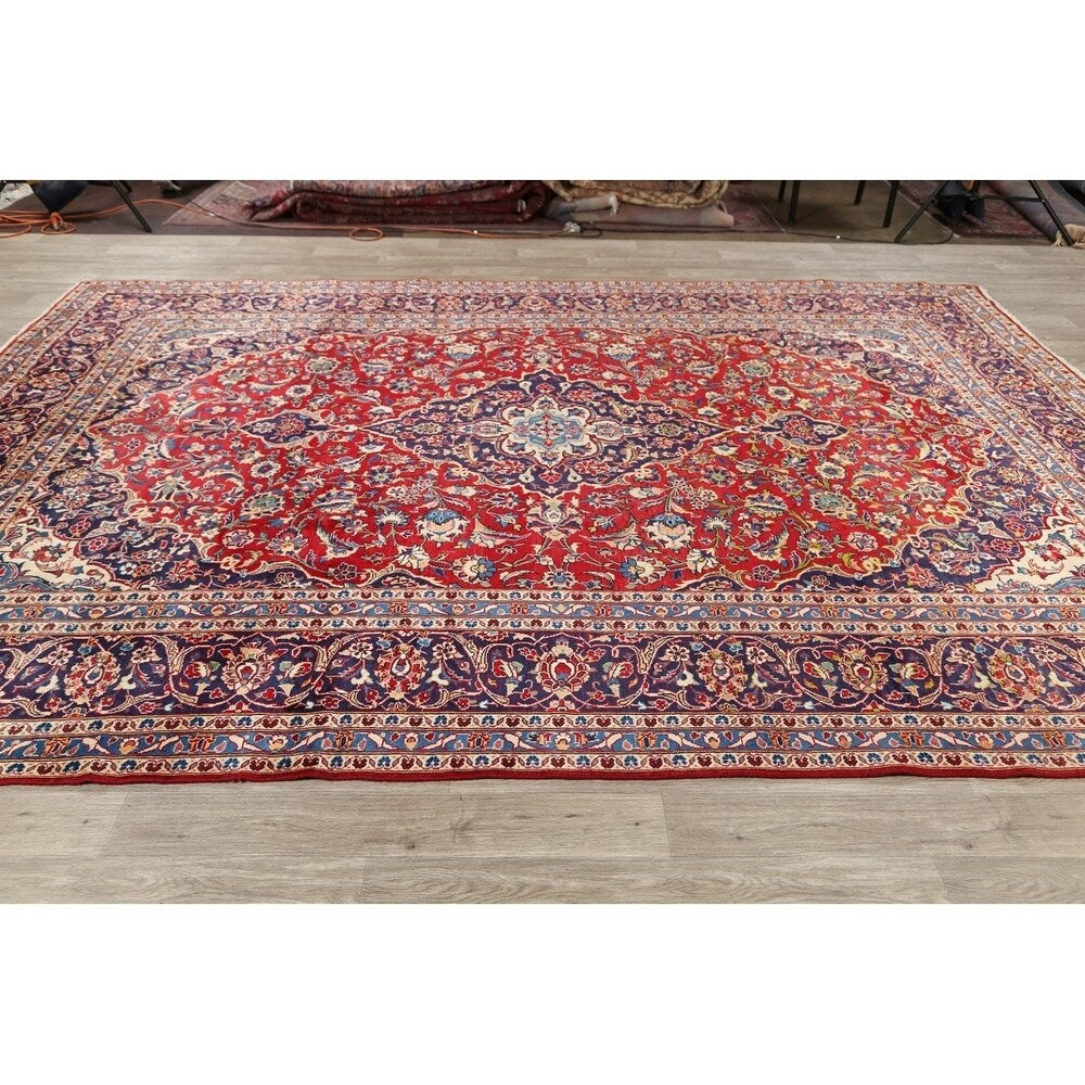 Medallion Hand Knotted Wool Vintage Kashan Persian Area Rug - 13'0" x 9'4"