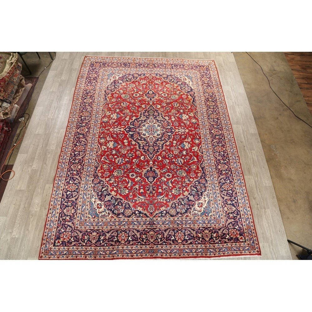 Medallion Hand Knotted Wool Vintage Kashan Persian Area Rug - 13'0" x 9'4"
