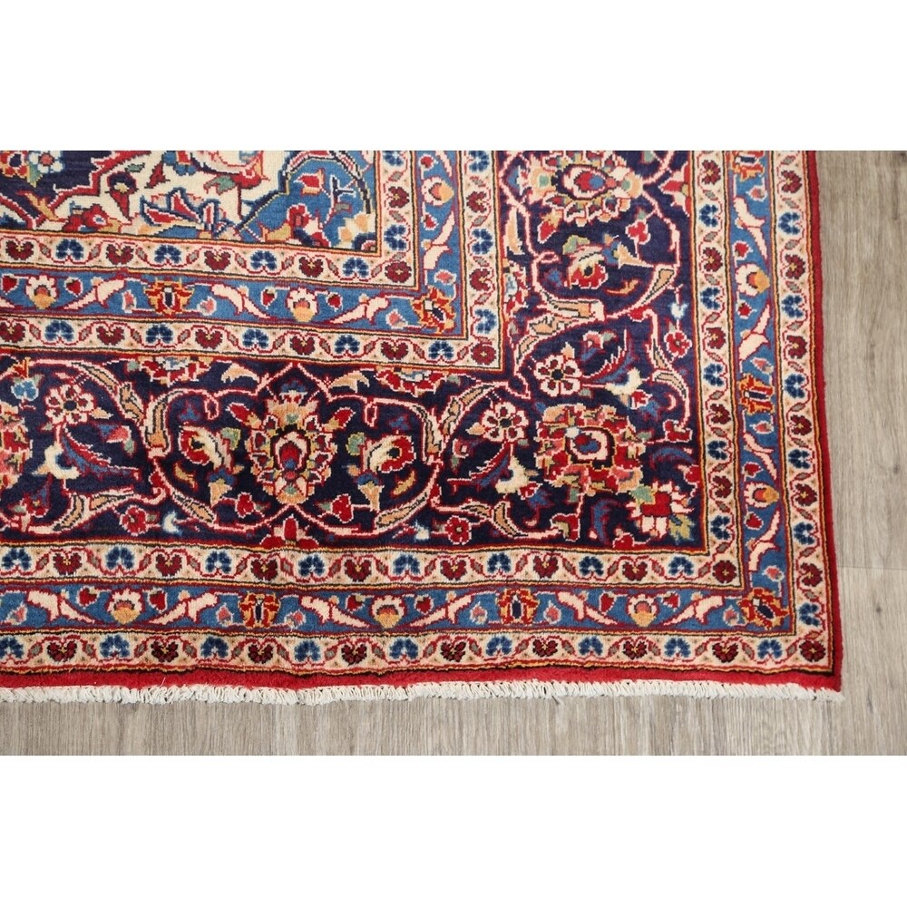 Medallion Hand Knotted Wool Vintage Kashan Persian Area Rug - 13'0" x 9'4"