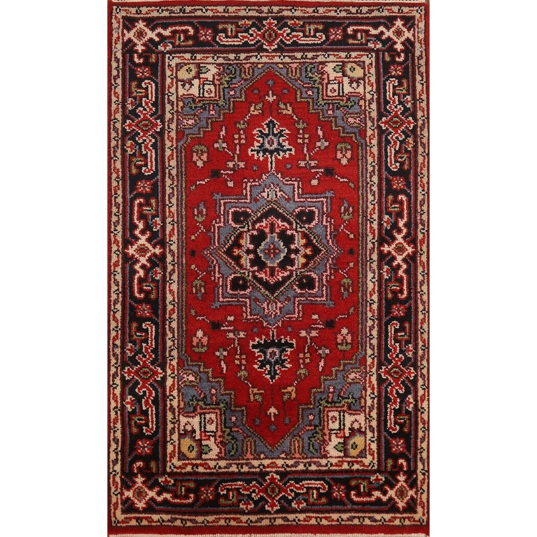 Medallion Heriz Serapi Indian Foyer Rug Hand-Knotted Wool Carpet - 3'0"x 4'10"