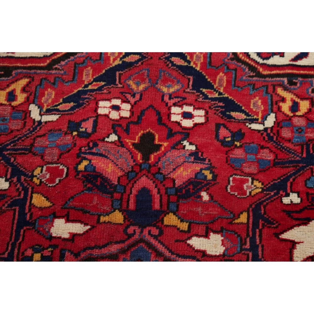 Medallion Vintage Hand Knotted Carpet Bordered Heriz Persian Area Rug - 11'1" X 7'10"