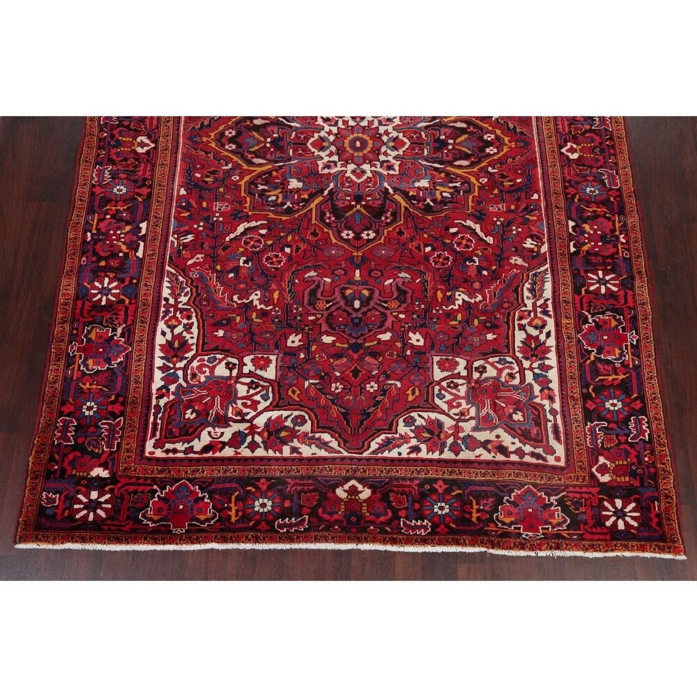 Medallion Vintage Hand Knotted Carpet Bordered Heriz Persian Area Rug - 11'1" X 7'10"