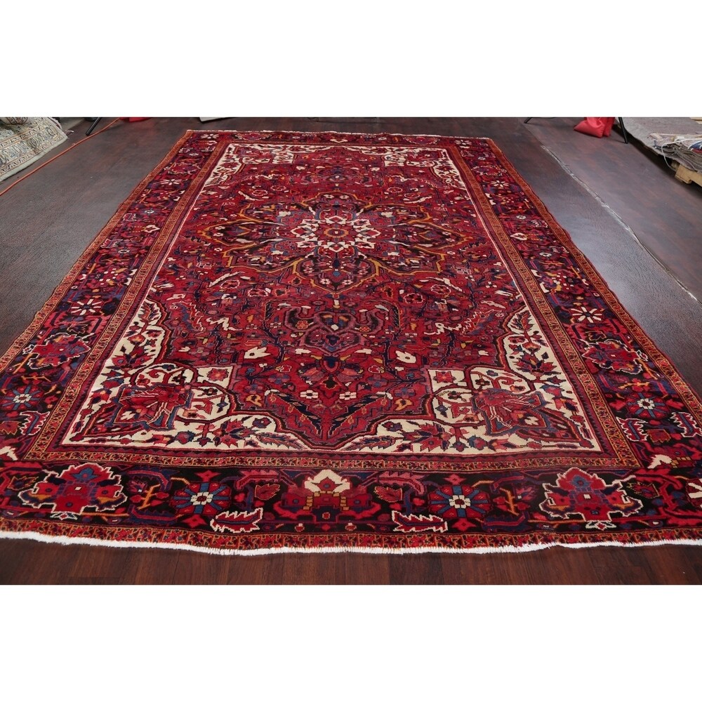 Medallion Vintage Hand Knotted Carpet Bordered Heriz Persian Area Rug - 11'1" X 7'10"