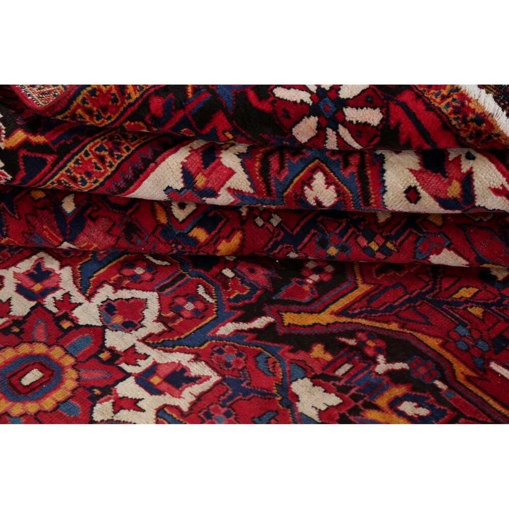 Medallion Vintage Hand Knotted Carpet Bordered Heriz Persian Area Rug - 11'1" X 7'10"