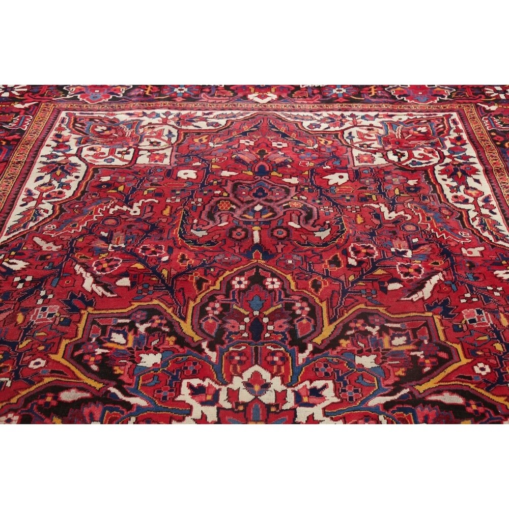 Medallion Vintage Hand Knotted Carpet Bordered Heriz Persian Area Rug - 11'1" X 7'10"