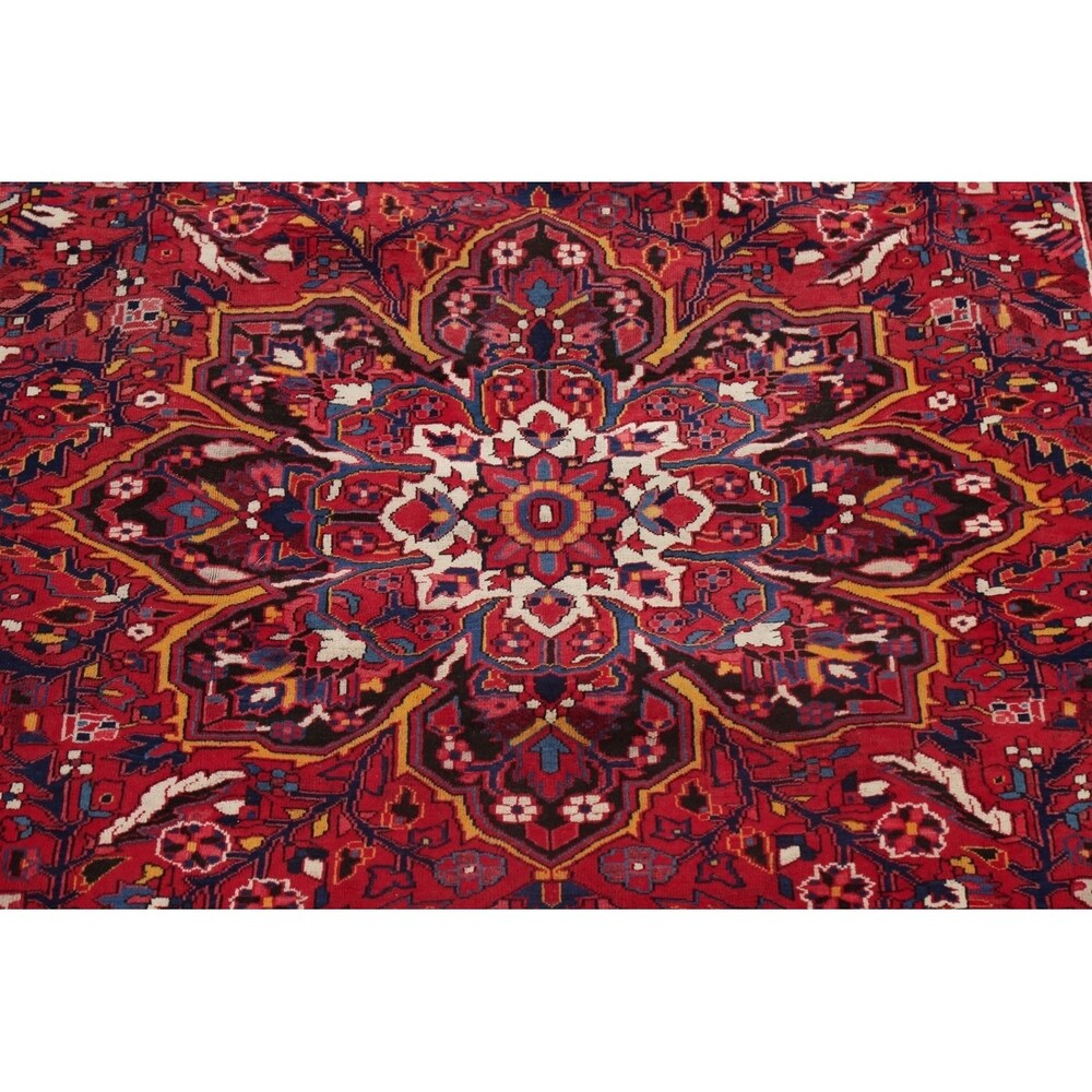 Medallion Vintage Hand Knotted Carpet Bordered Heriz Persian Area Rug - 11'1" X 7'10"