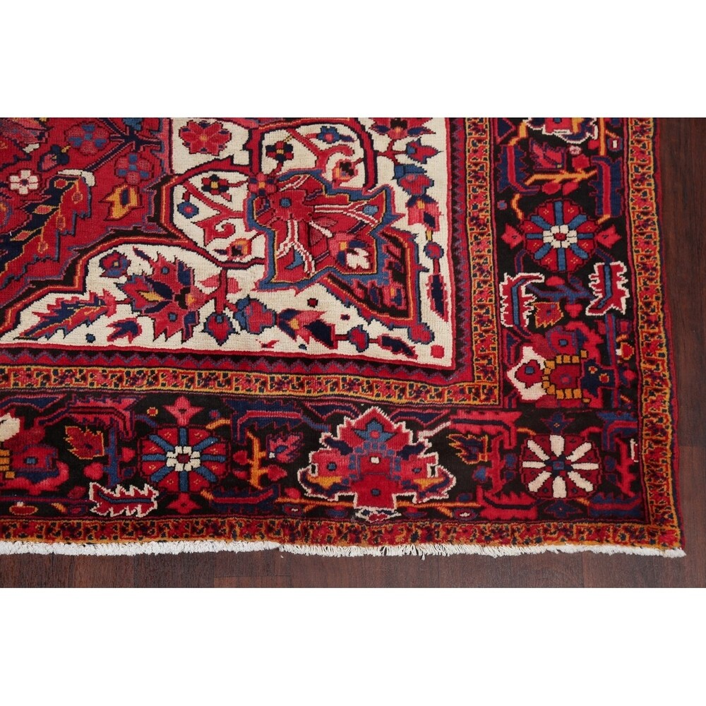 Medallion Vintage Hand Knotted Carpet Bordered Heriz Persian Area Rug - 11'1" X 7'10"