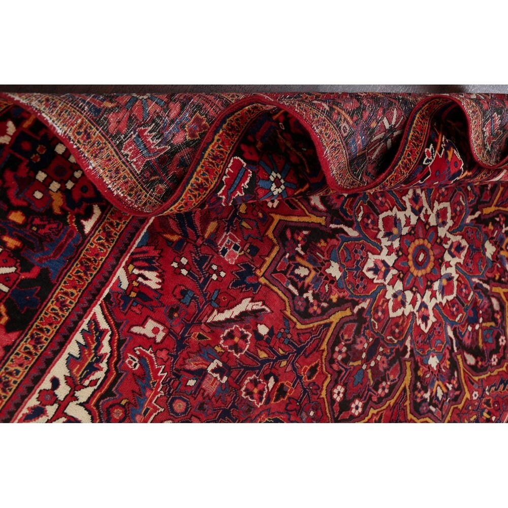 Medallion Vintage Hand Knotted Carpet Bordered Heriz Persian Area Rug - 11'1" X 7'10"