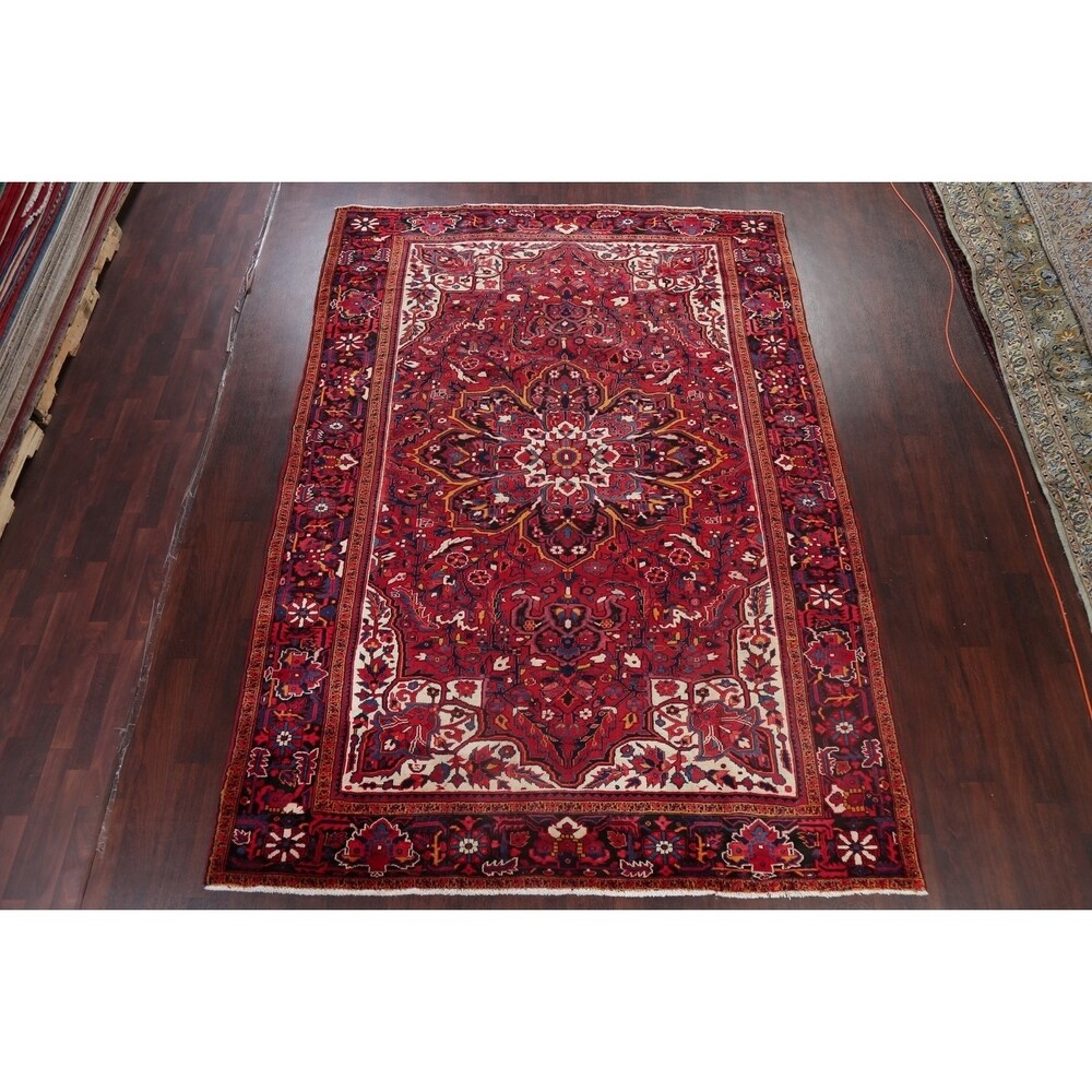 Medallion Vintage Hand Knotted Carpet Bordered Heriz Persian Area Rug - 11'1" X 7'10"