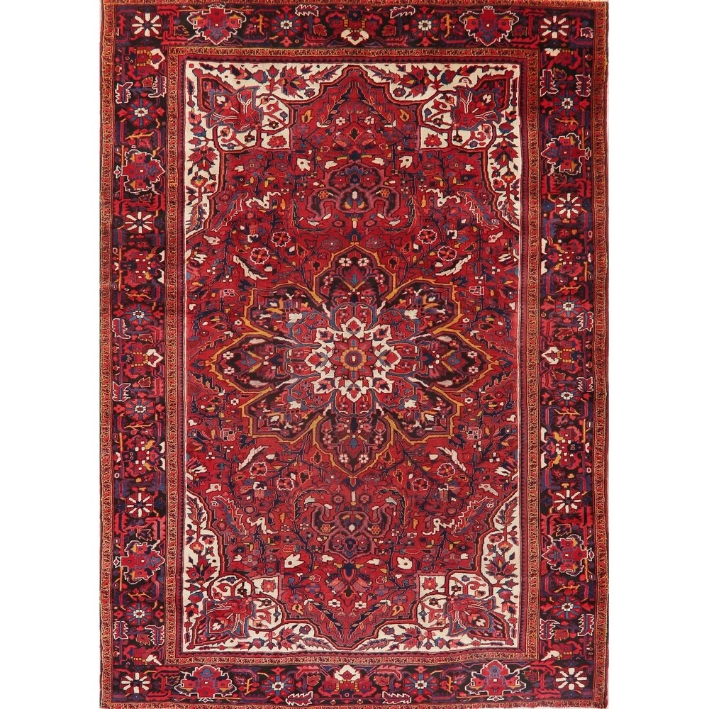 Medallion Vintage Hand Knotted Carpet Bordered Heriz Persian Area Rug - 11'1" X 7'10"