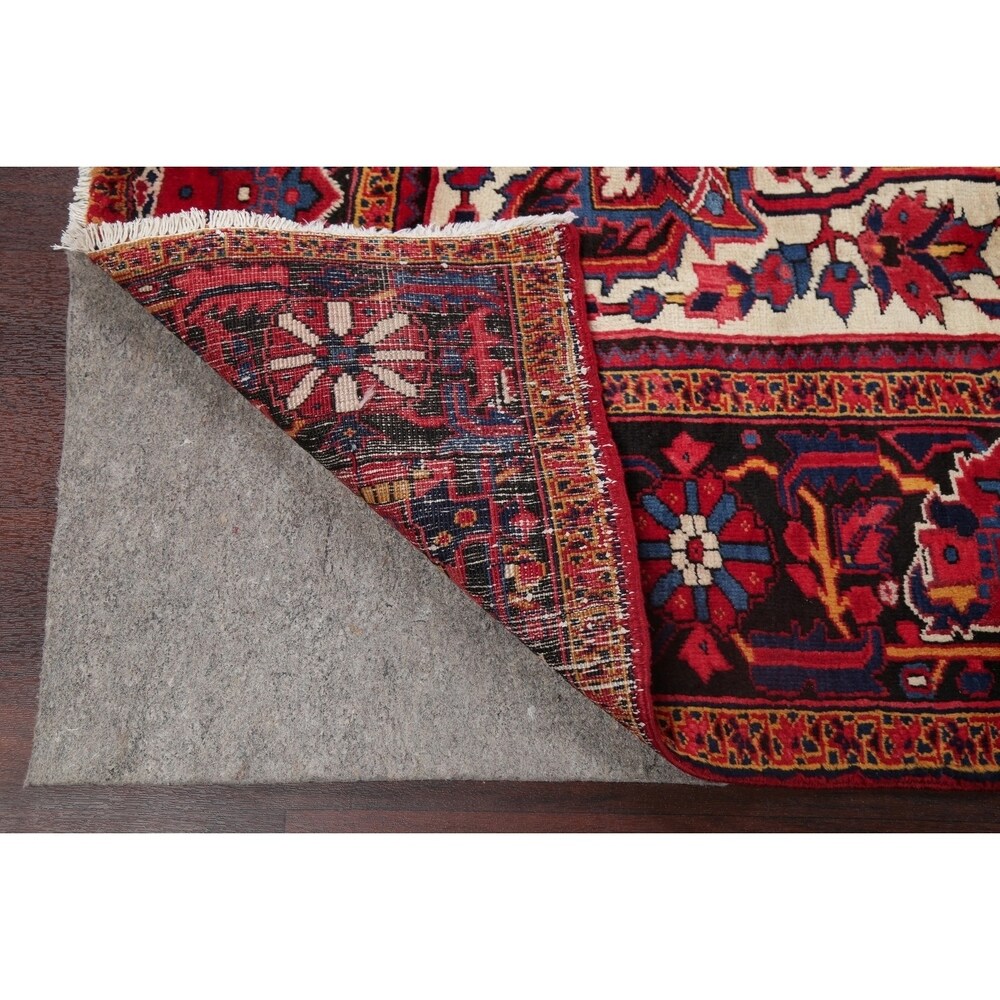 Medallion Vintage Hand Knotted Carpet Bordered Heriz Persian Area Rug - 11'1" X 7'10"