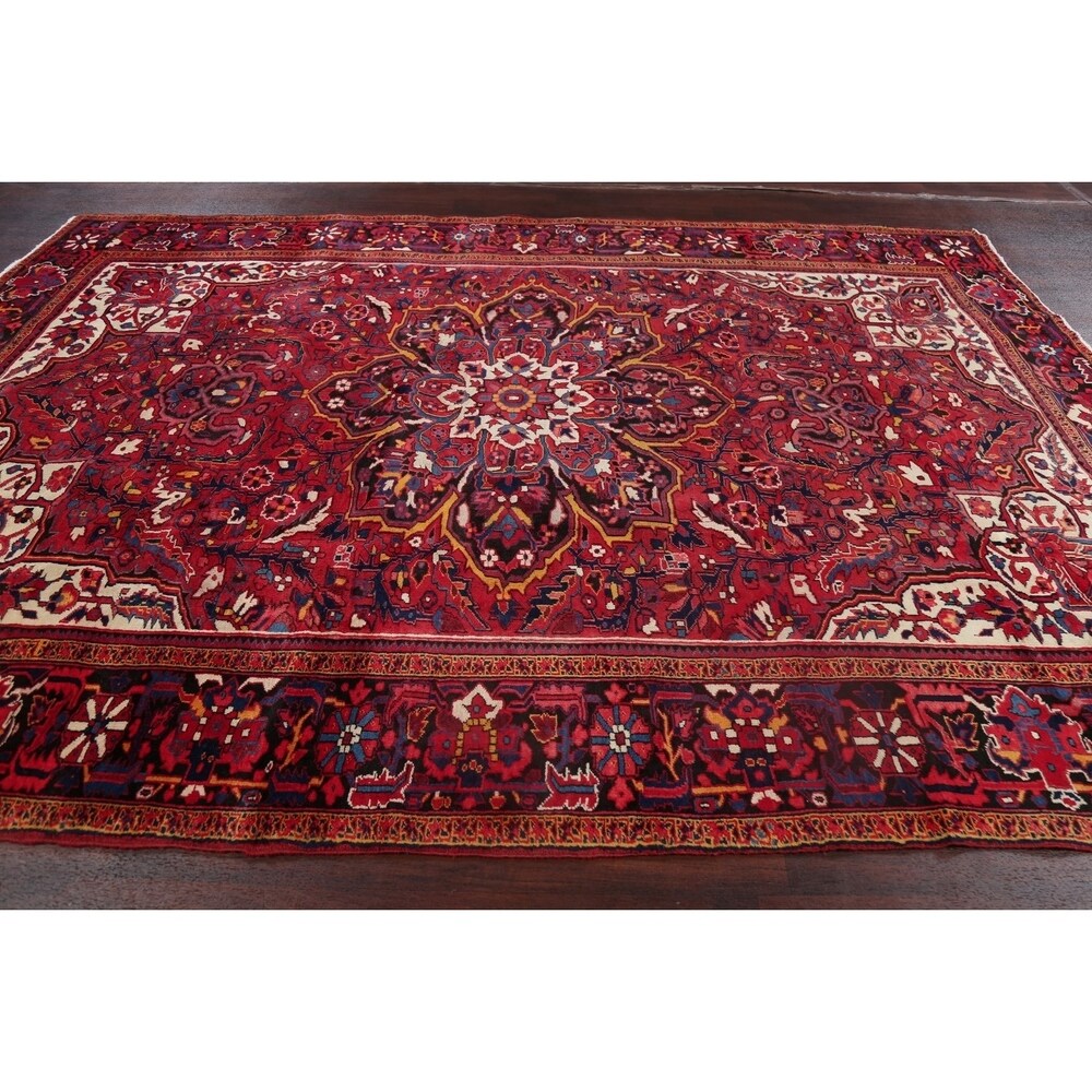 Medallion Vintage Hand Knotted Carpet Bordered Heriz Persian Area Rug - 11'1" X 7'10"