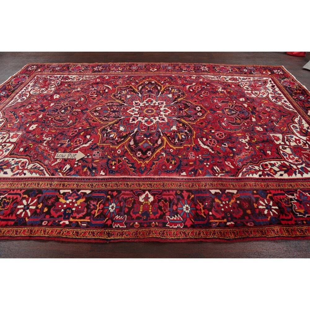Medallion Vintage Hand Knotted Carpet Bordered Heriz Persian Area Rug - 11'1" X 7'10"