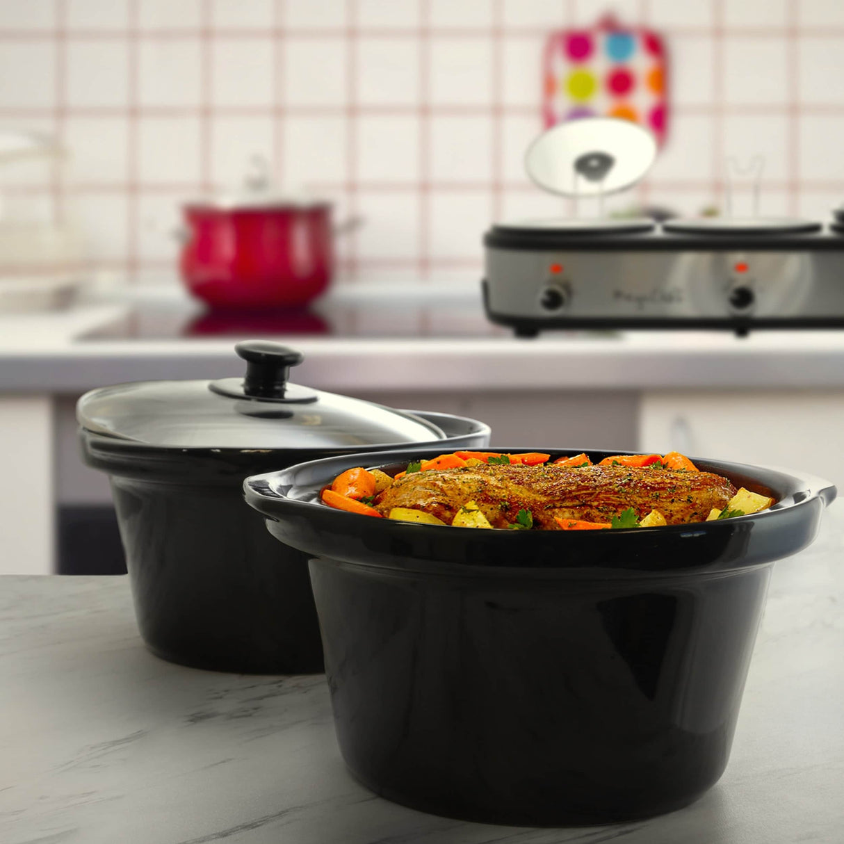 MegaChef Buffet Server Slow Cooker with Triple 2.5 Quart Cooking Pots