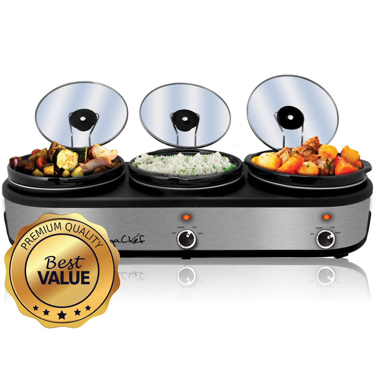 MegaChef Buffet Server Slow Cooker with Triple 2.5 Quart Cooking Pots