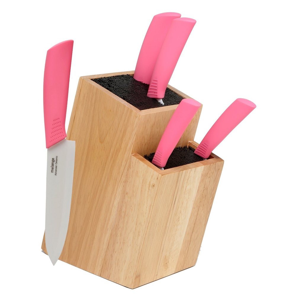 Melange 6-piece Pink Ceramic Knife Set with 2-tier Wood Universal Knife Block