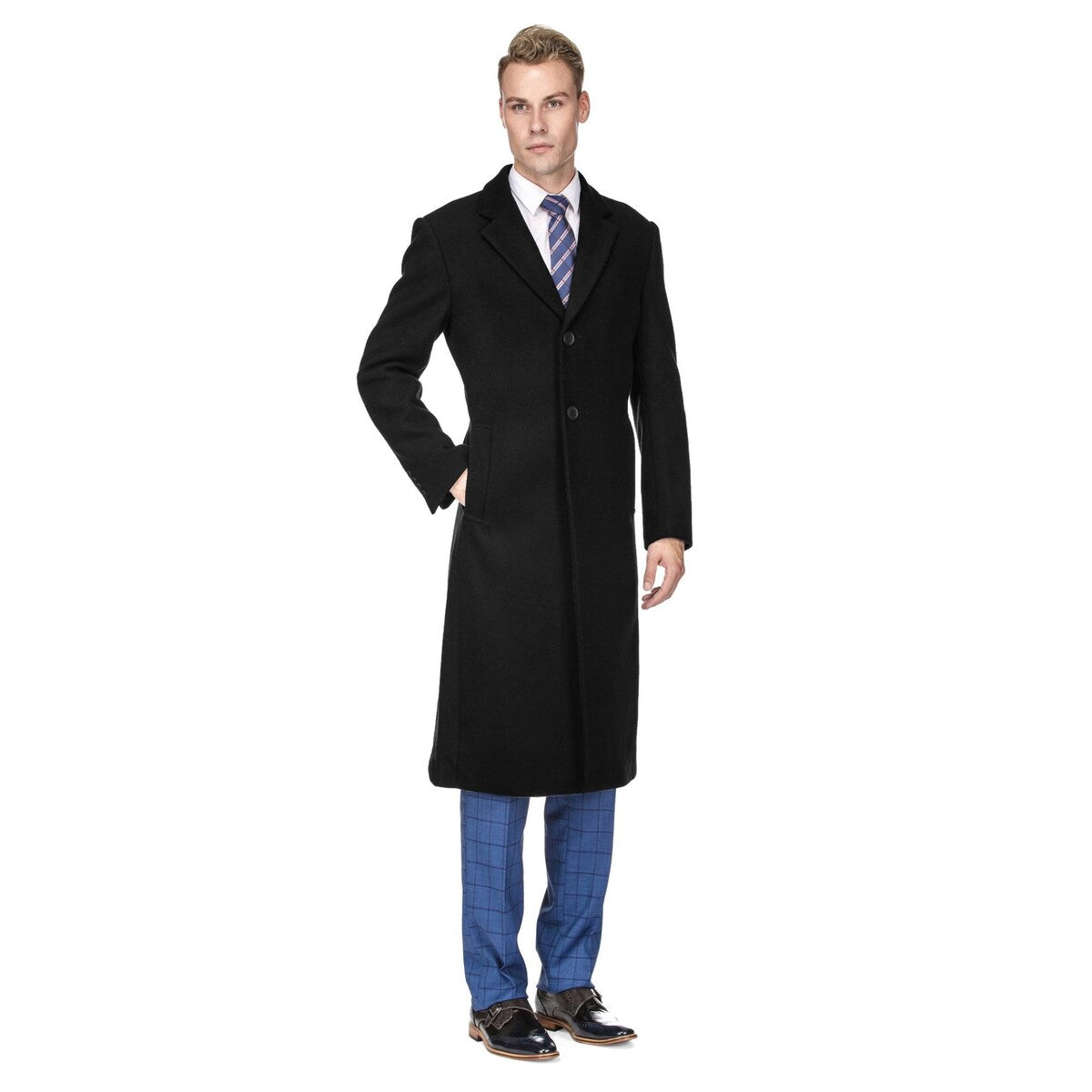 Men's Knee Length Wool Blend Three Button Long Jacket Overcoat