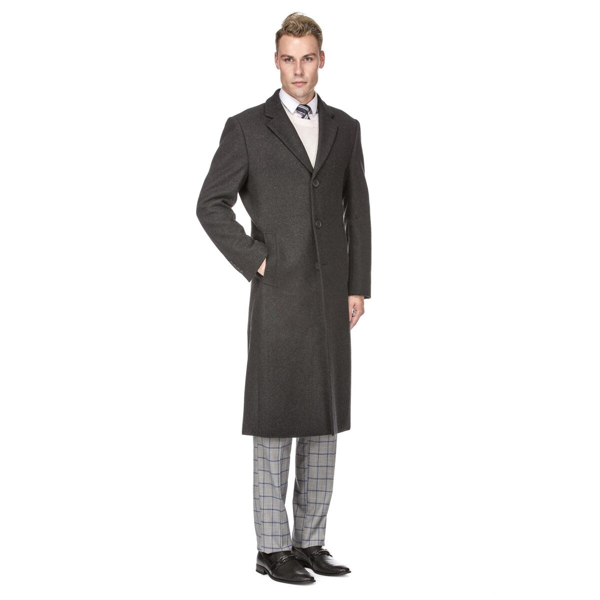 Men's Knee Length Wool Blend Three Button Long Jacket Overcoat