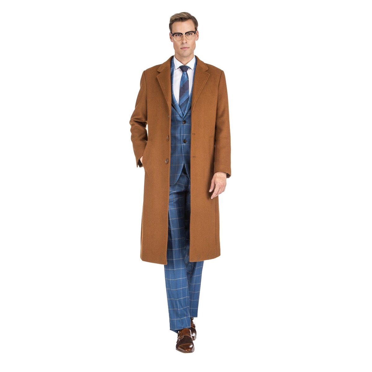 Men's Knee Length Wool Blend Three Button Long Jacket Overcoat