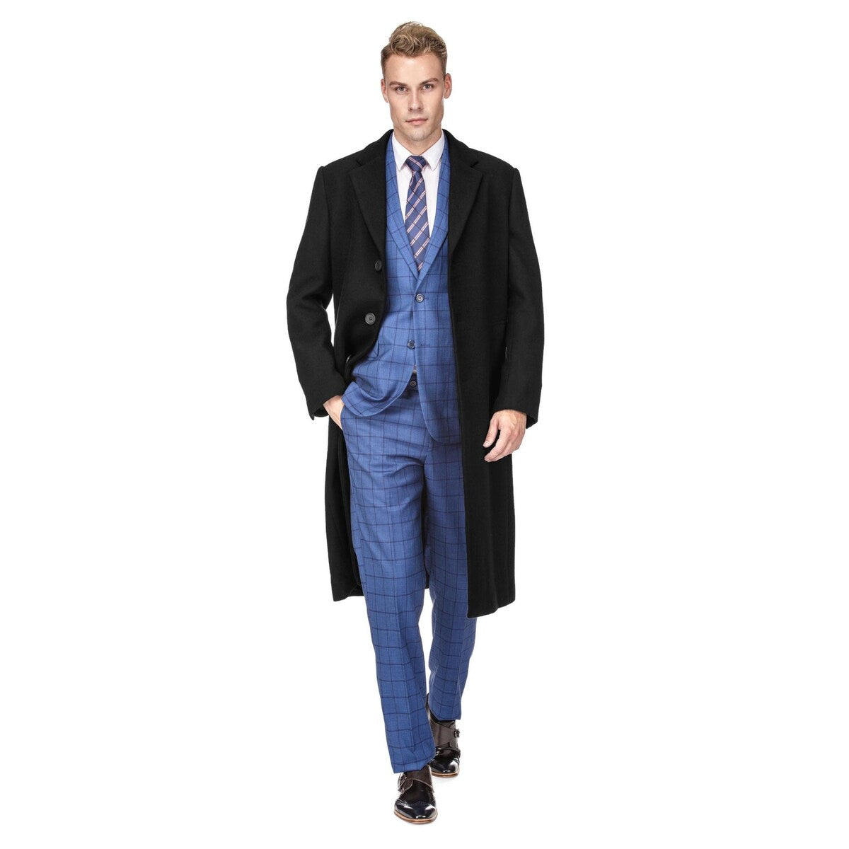 Men's Knee Length Wool Blend Three Button Long Jacket Overcoat