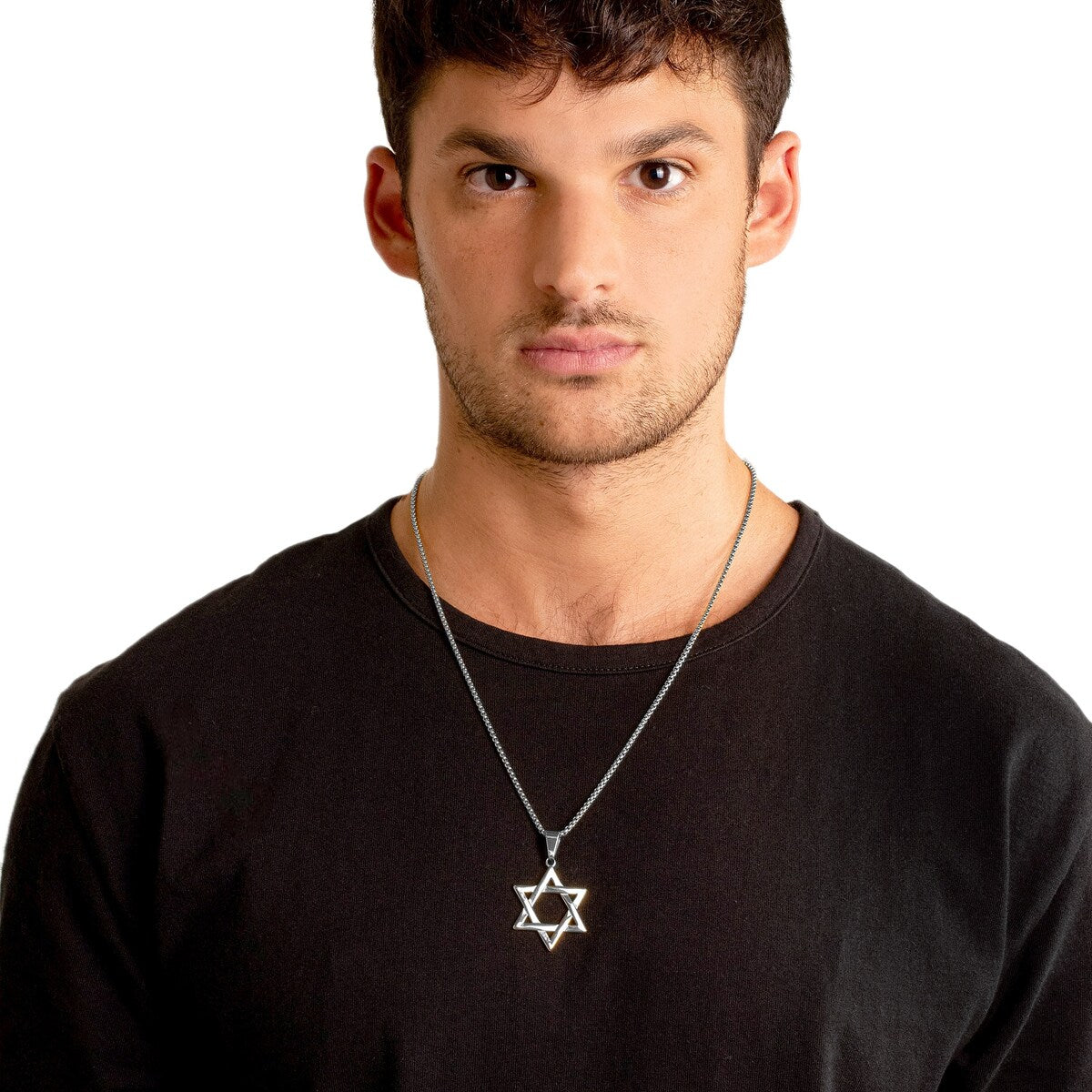 Men's Large Star of David Polished Stainless Steel Necklace - 24"