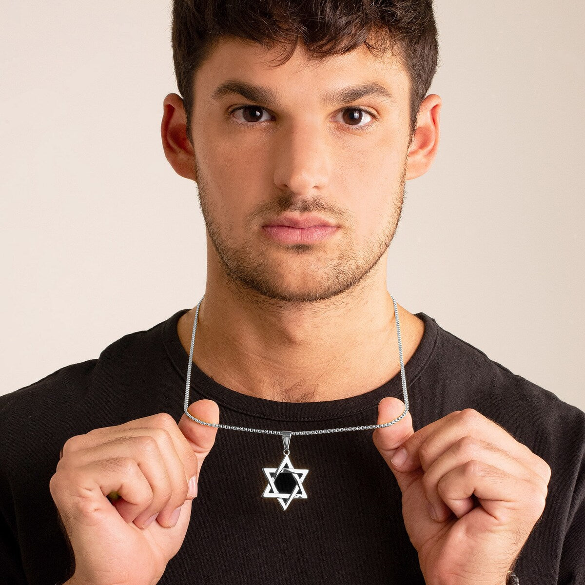 Men's Large Star of David Polished Stainless Steel Necklace - 24"