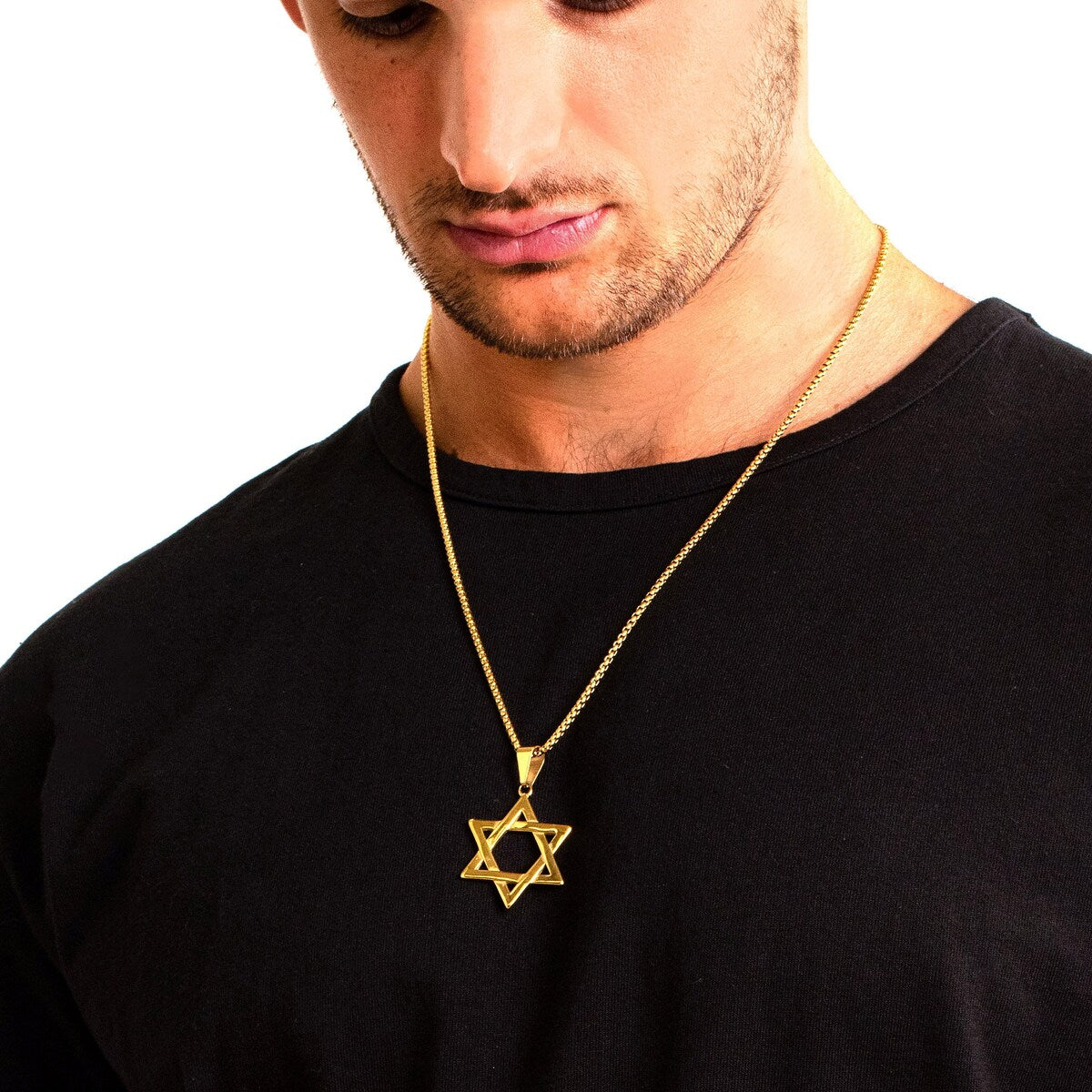 Men's Large Star of David Polished Stainless Steel Necklace - 24"