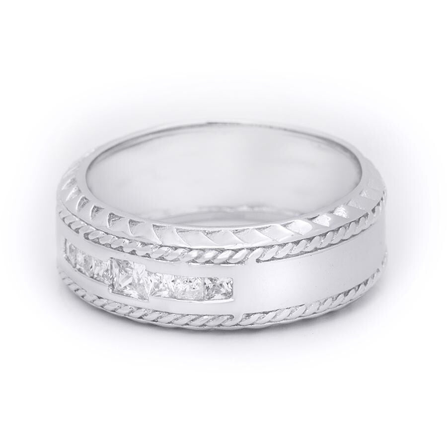 Mens 1/4 Carat Princess Cut Comfort Fit Wedding Band Ring Silver