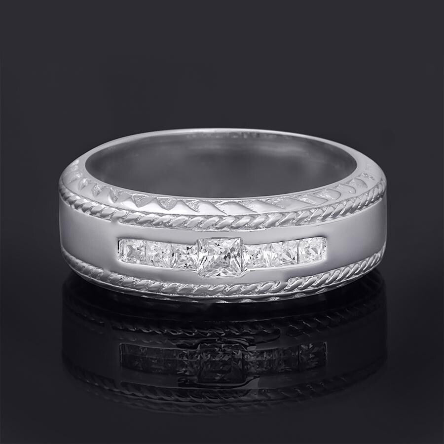 Mens 1/4 Carat Princess Cut Comfort Fit Wedding Band Ring Silver