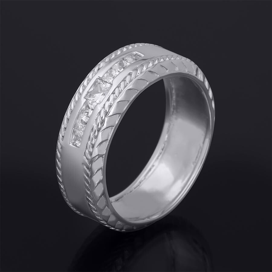 Mens 1/4 Carat Princess Cut Comfort Fit Wedding Band Ring Silver