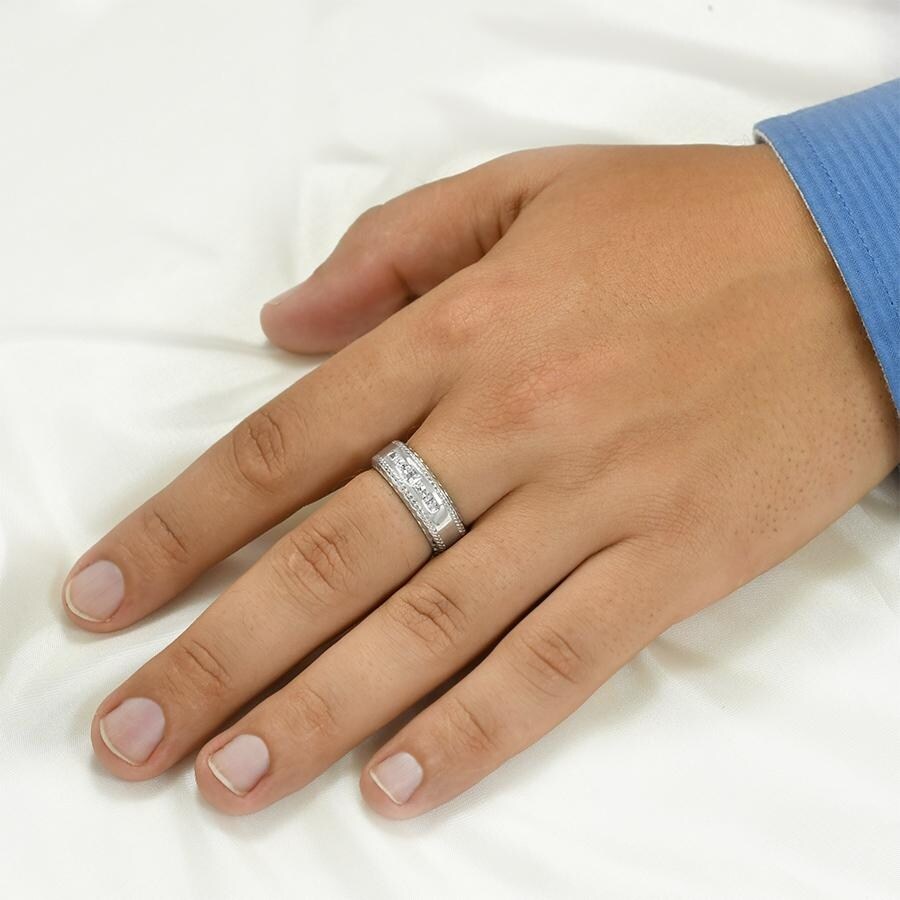 Mens 1/4 Carat Princess Cut Comfort Fit Wedding Band Ring Silver