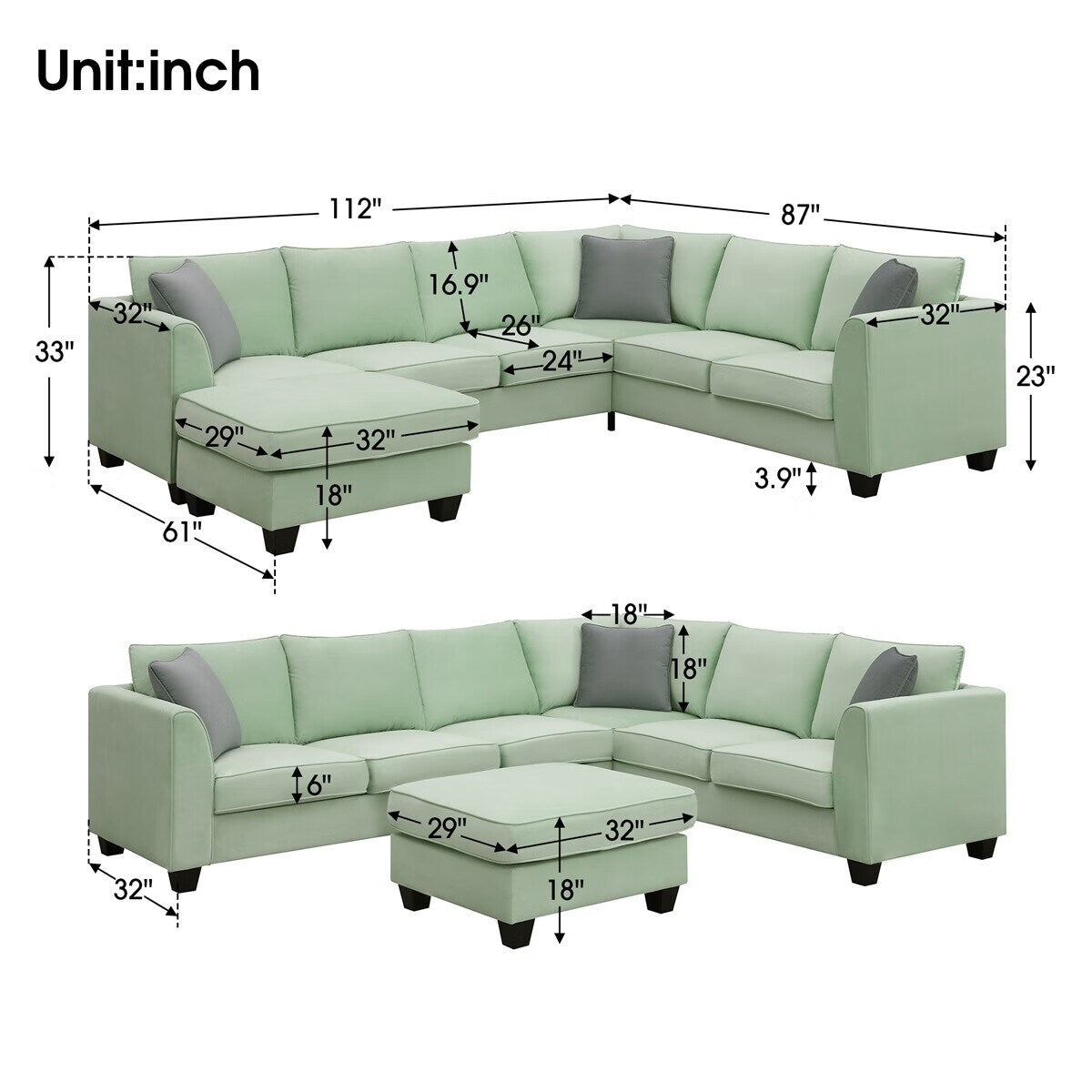 Merax 112*87" Sectional Sofa Couches Living Room Sets 7 Seats Modular Sectional Sofa