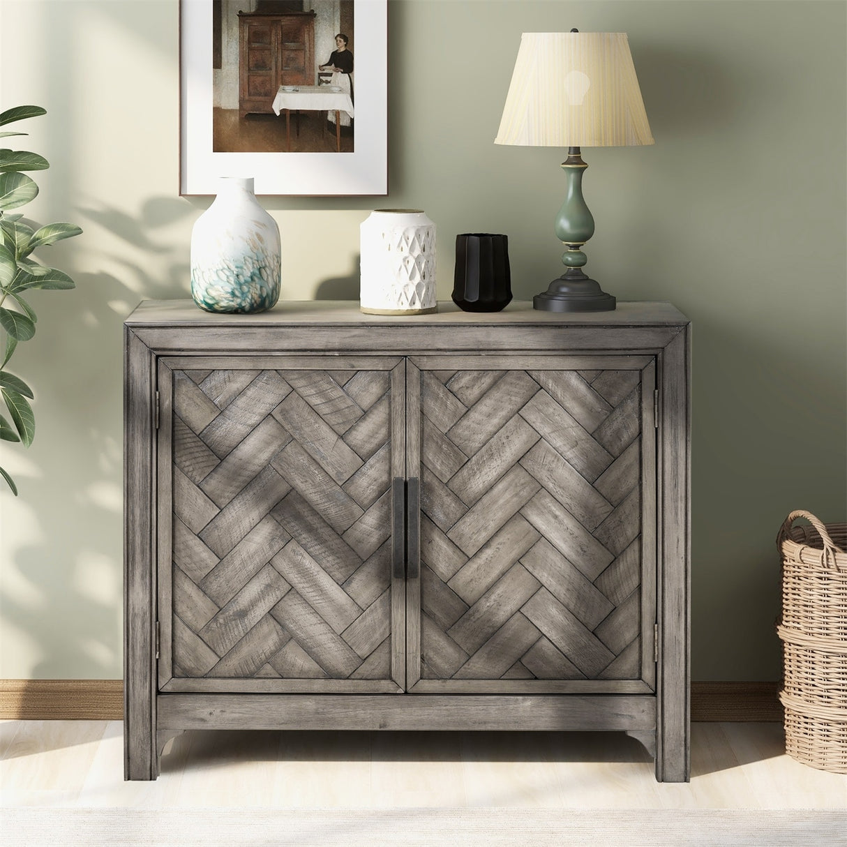 Merax 40" Modern Console Table with Herringbone Pattern Doors